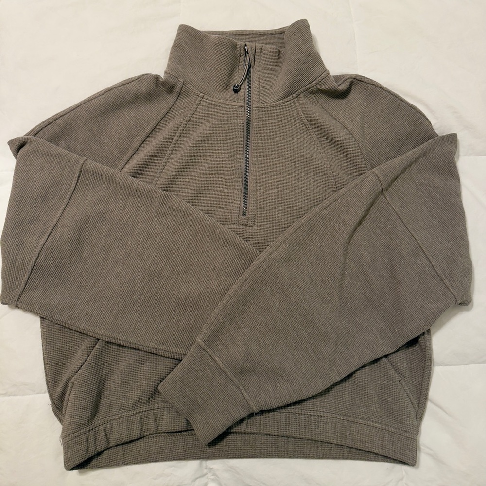 New-Lululemon athletica Scuba Cropped Funnel-Neck Half Zip Sweatshirt - Tan - Picture 9 of 14